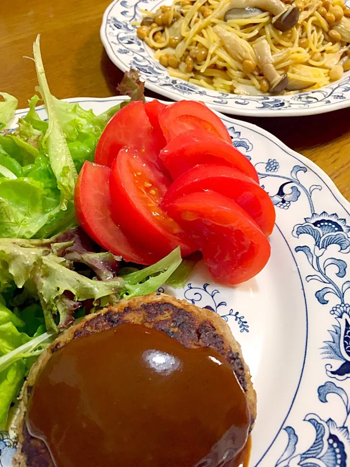 ハンバーグ&和風納豆きのこスパゲッティ|ふくぷくさん