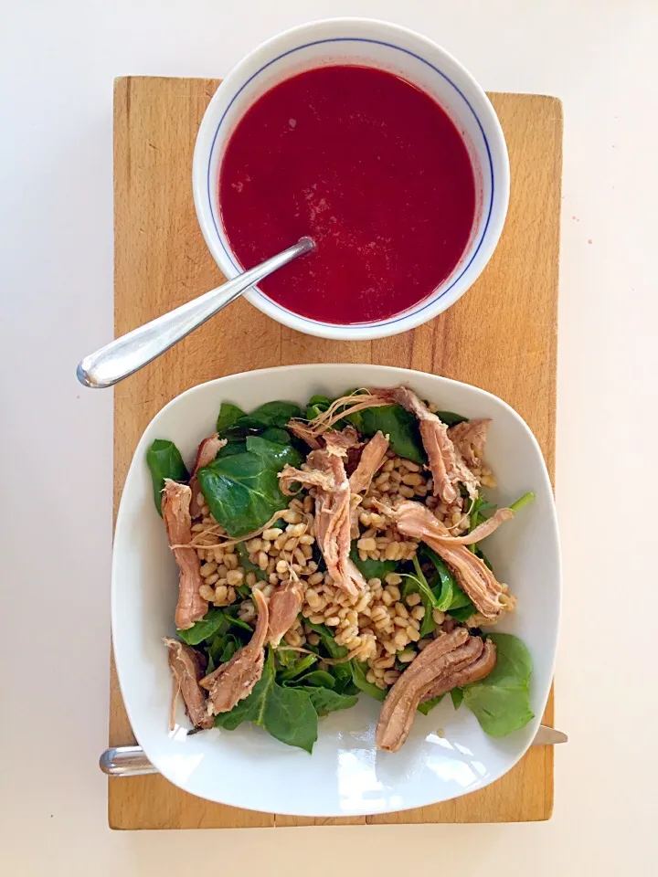 Beet soup and spinach salad with barley nd pulled pork|Liesbeth Maliepaardさん