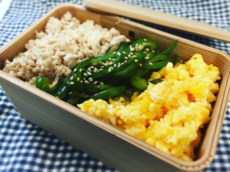 今日は、鶏そぼろ、ピーマンきんぴら、卵の３色弁当。ご飯も鶏めしです！|Junさん