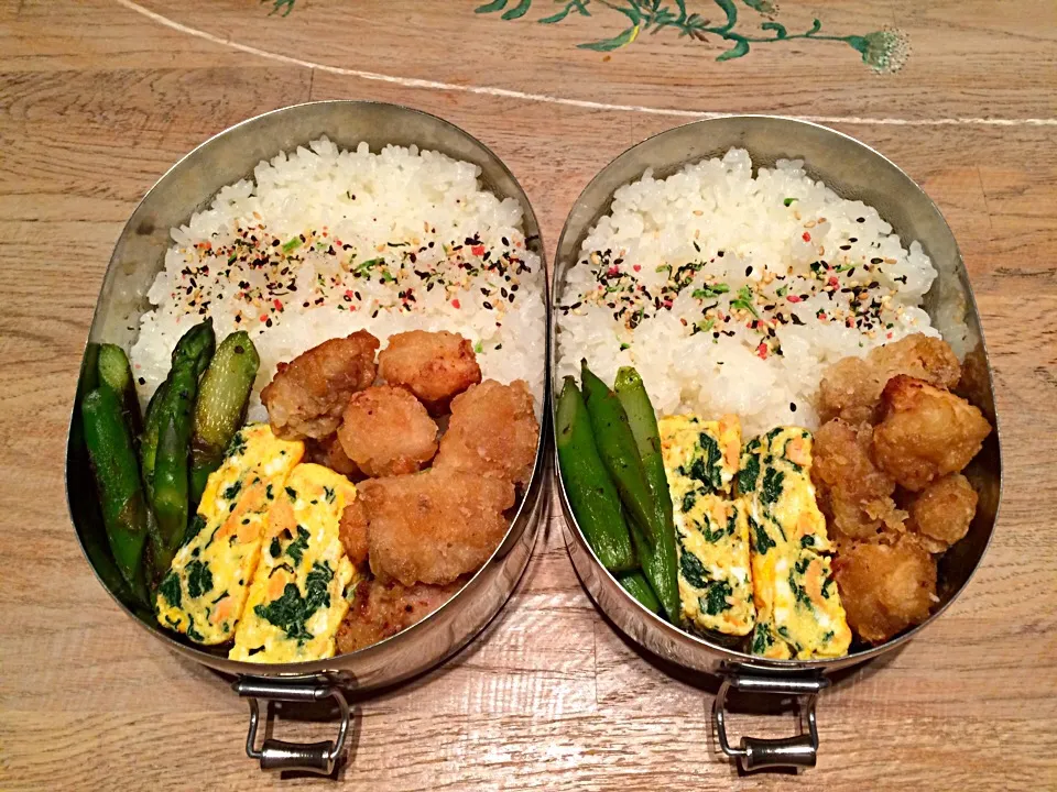 3品弁当
#鶏のから揚げ
#鮭とほうれん草のたまご焼き
#アスパラ炒め|おゆさん