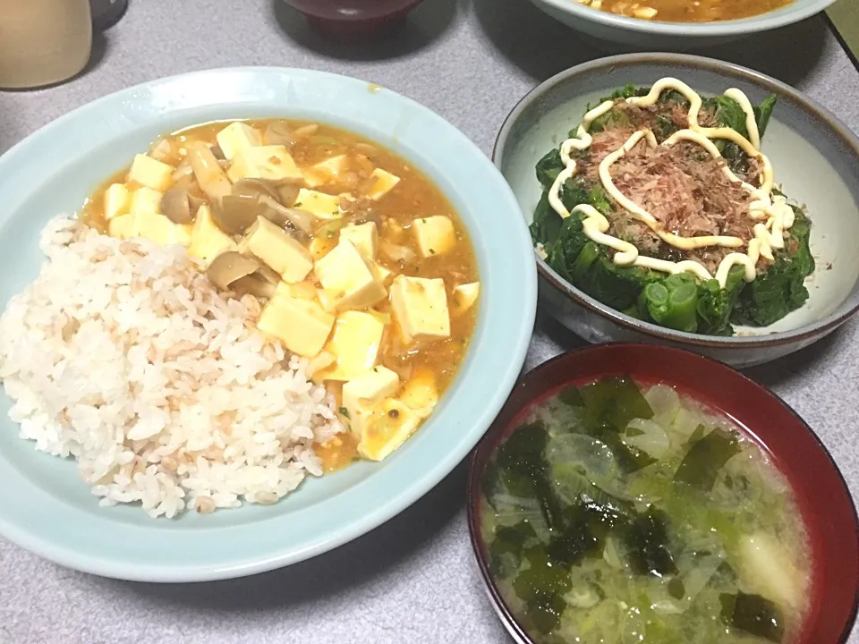 Snapdishの料理写真:泥ネギたっぷりワカメじゃが味噌汁、泥ネギたっぷりキノコ麻婆豆腐麦飯ライス、かき菜|ms903さん