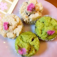 抹茶の蒸しパン(試作品)♡
桜の花が真ん中に来て欲しい（笑）
生地の中に甘納豆入れたのがグー♡|るぴきゃすさん