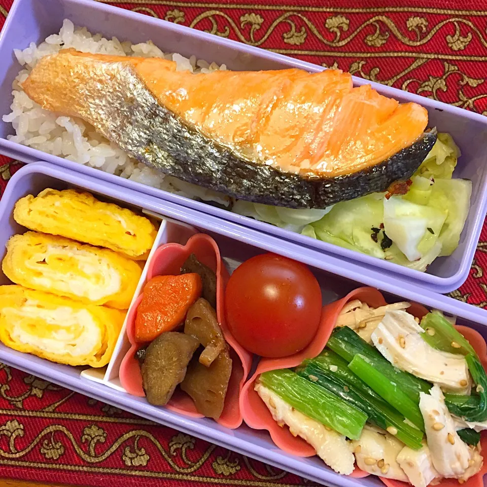 鶏ささみと小松菜の胡麻和えとどーんと甘塩鮭弁当|もえさん