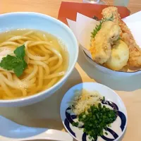 Snapdishの料理写真:かけうどんプラスとり天、大葉天、半熟卵天、ちくわ天|viviさん