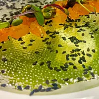 apricot poached meringues with pistachio creme anglaise under sesame glass and an apricot-pistachio salad|TheEffinChefさん