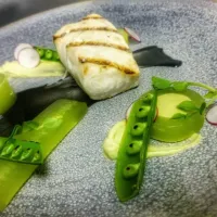 Snapdishの料理写真:Grilled Escalar with black sesame coulis, acocado mousse, compressed cucumber, and seared snap peas|TheEffinChefさん