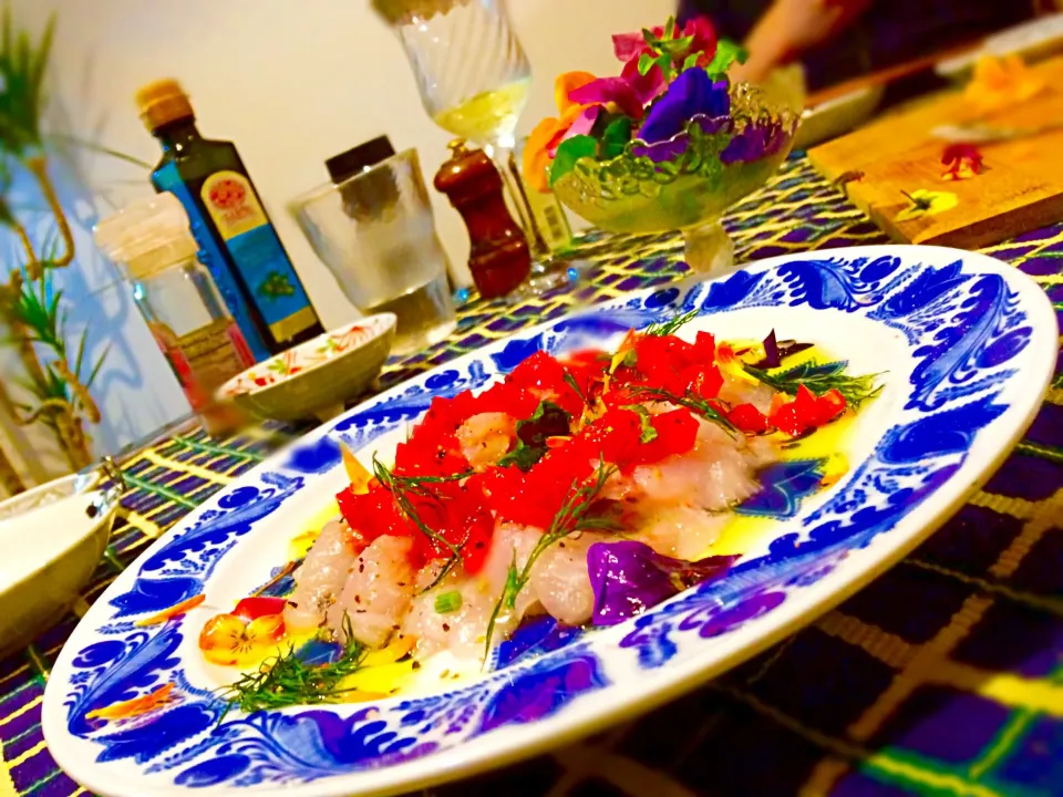 Snapdishの料理写真:みんなで作ったえぼ鯛のカルパッチョ🐟|おかっぴーさん