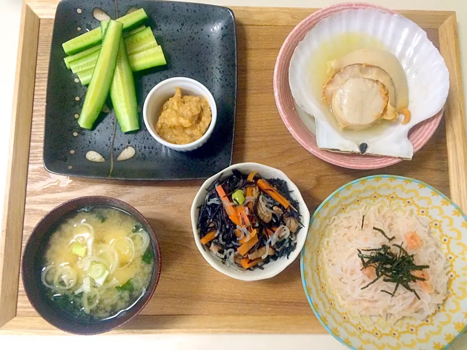 ほたてバター蒸し、明太子しらたき炒め、きゅうり肉味噌、ひじき|ちゃこさん