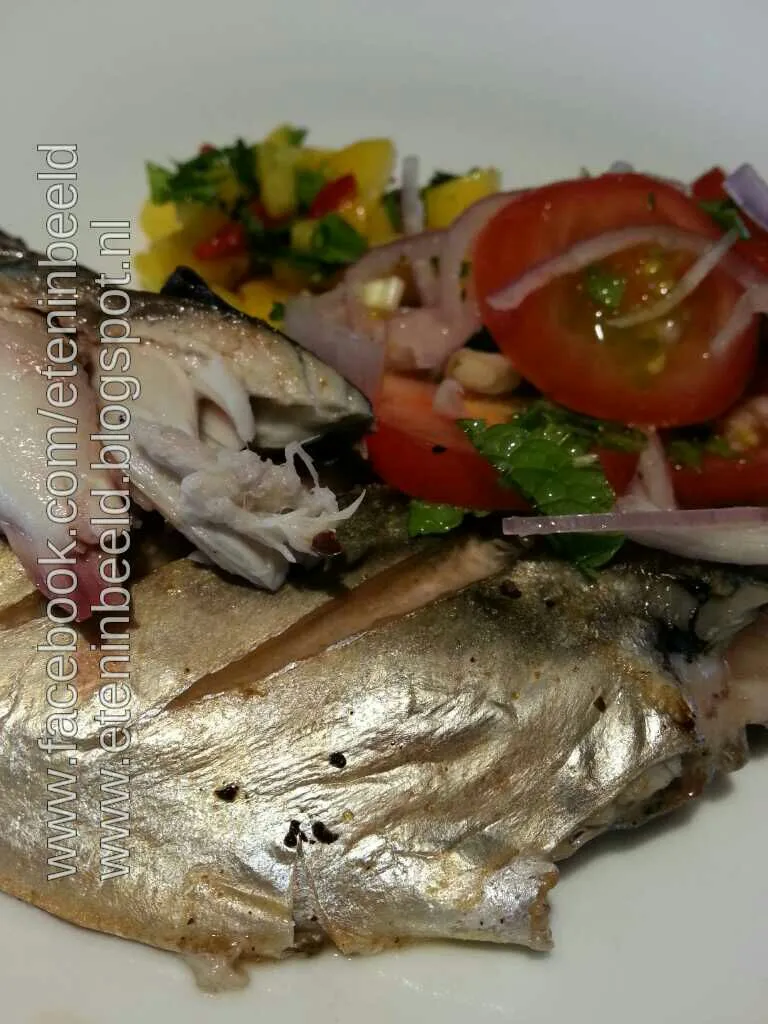 Snapdishの料理写真:Mackerel with tomatosalad and mangosalsa|Frank&Jolanda - Eteninbeeldさん