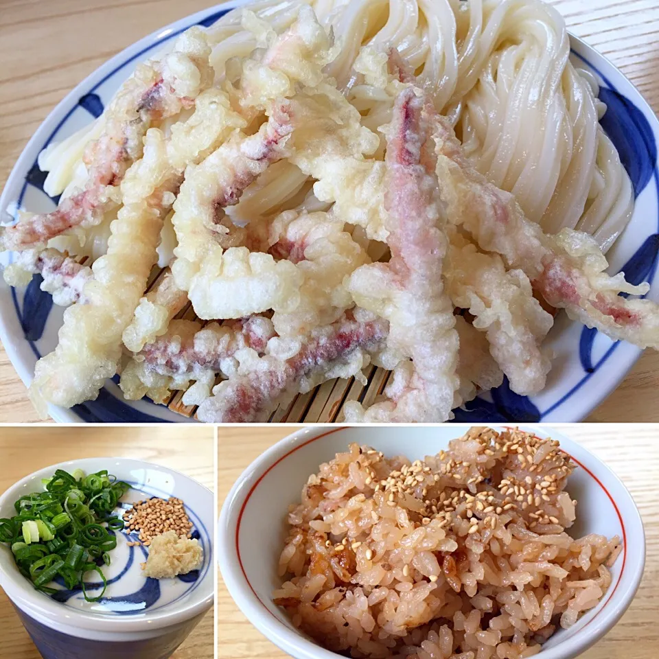 Snapdishの料理写真:いか天ざるうどん大盛、蛸飯|buhizouさん