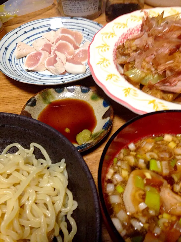 晩御飯 とりのタタキ こはる小麦のつけ麺 フーチャンプルー|SUN.yokotanさん