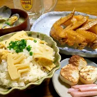 Snapdishの料理写真:手羽先大根煮・たけのこごはん・あさりの味噌汁・焼き山芋・蓮の芽漬物…|たけぴーさん