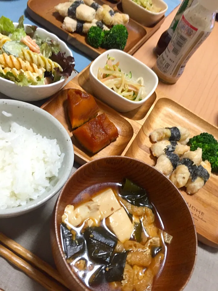 のり塩チキン かぼちゃの煮つけ もやしの中華サラダ 豆腐とわかめと油揚げのみそ汁|Minamiさん