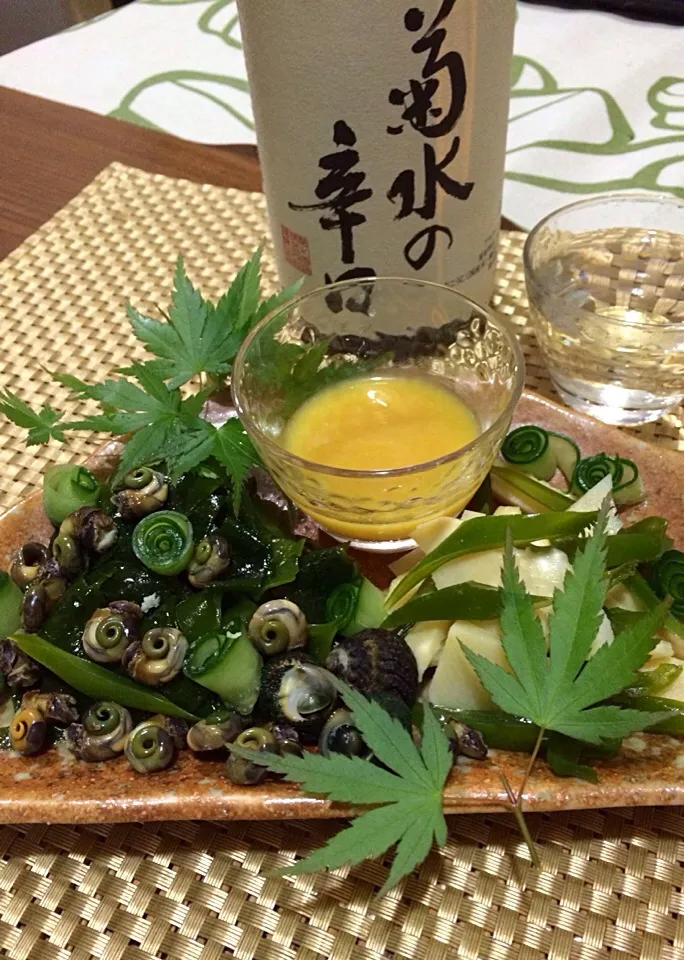 海と山の幸を酢味噌で🌿                  友がワカメとビナを獲ってきてくれました.旬の筍も添えて🌿|🌿ぴぴさん