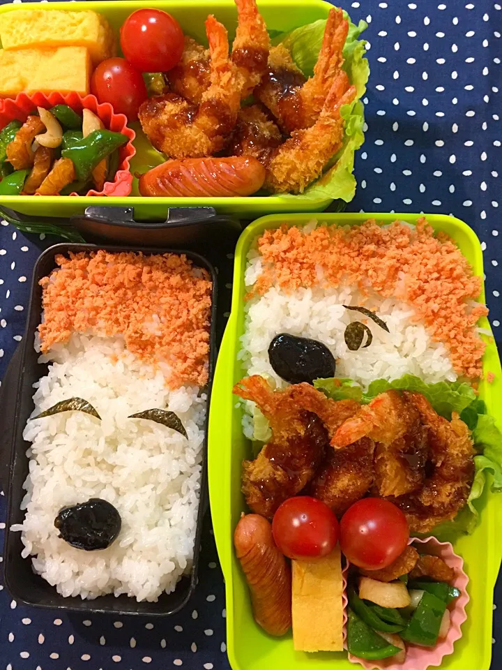 Snapdishの料理写真:2016.4.11 高３ ＆ 中３男子🍤犬🐶のような顔弁当🍴(๑>؂<๑)|mari-pさん