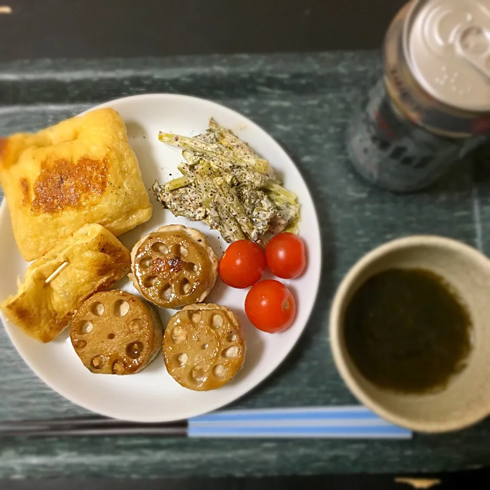 鶏団子のれんこんはさみ、油揚げの玉ねぎ詰め焼き、かき菜のマスタードマヨ、ミニトマト、もずく|Kさん