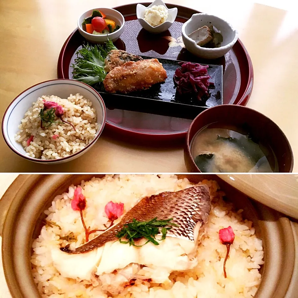 真鯛と桜の土鍋ご飯🌸 ・鯖の竜田揚げ ・色々野菜のバルサミコ酢マリネ ・ポテサラ ・茄子と厚揚げの炊いたん ・紫キャベツラペ|nainaiさん