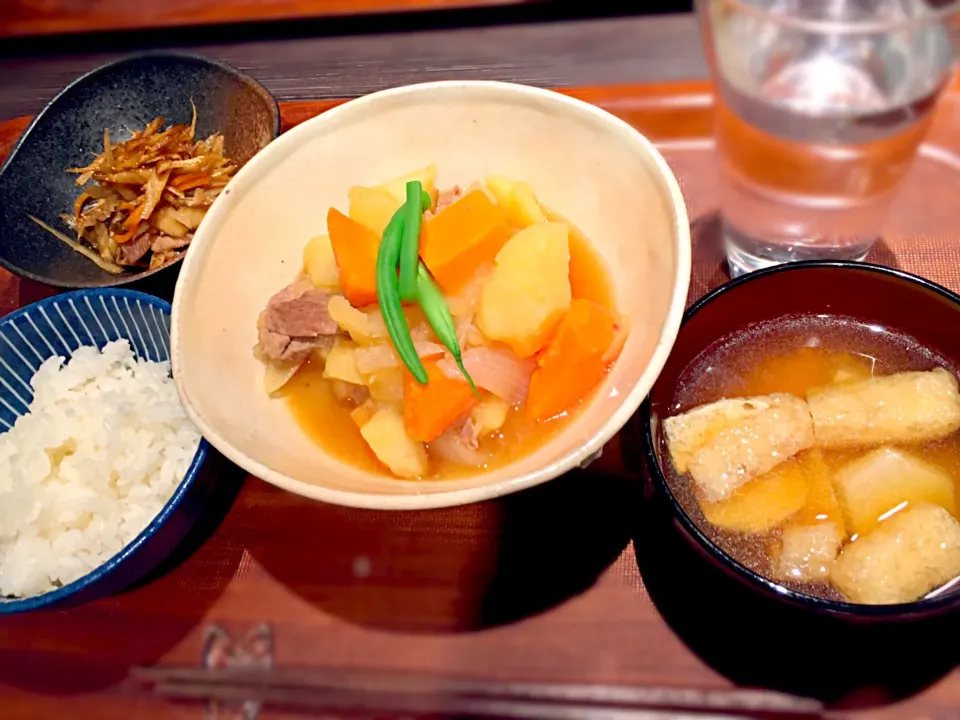 にくじゃが、きんぴらごぼう、里芋と薄揚げのお味噌汁|ちびさん