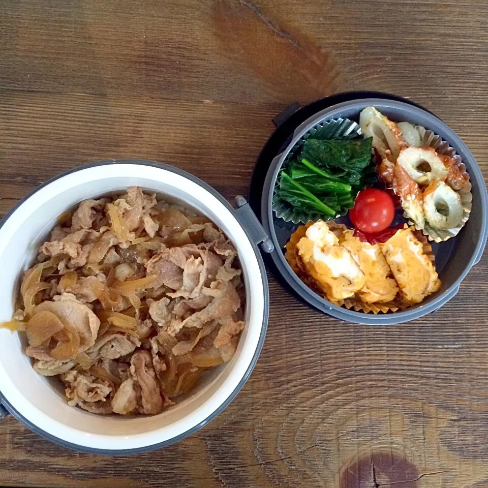 豚丼弁当（卵焼き、ほうれん草おひたし、ちくわマヨ炒め）|Nao Yamadaさん