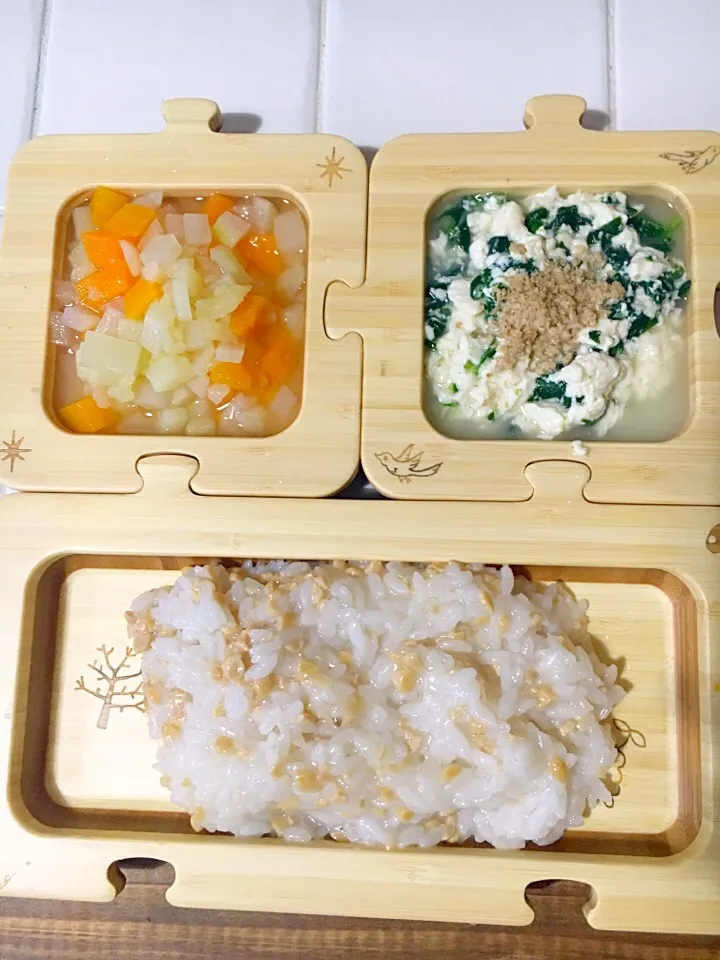 離乳食 中期 夜ごはん
＊納豆ごはん
＊大根の煮物
＊ほうれん草の白和え|さとみさん