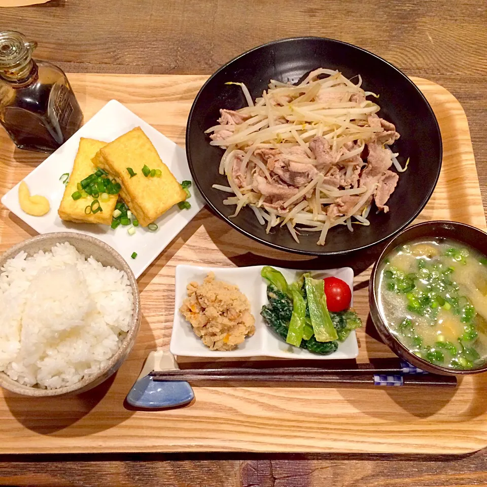 豚もやし炒め、厚揚げ、おから煮物、小松菜酢味噌和え|Nao Yamadaさん