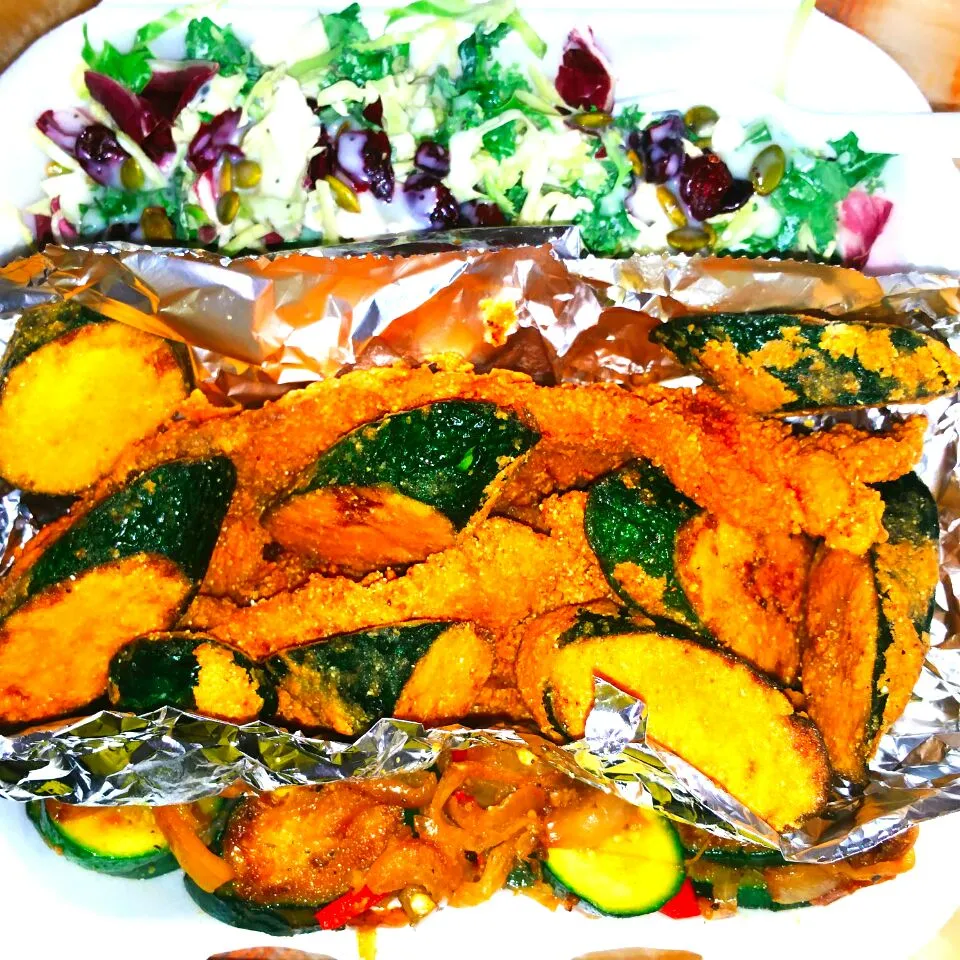 #Fried #Red #Snapper, #Fried #Zucchini, #Sauteed #Zucchini, #Kale #Salad|Precious Loveさん