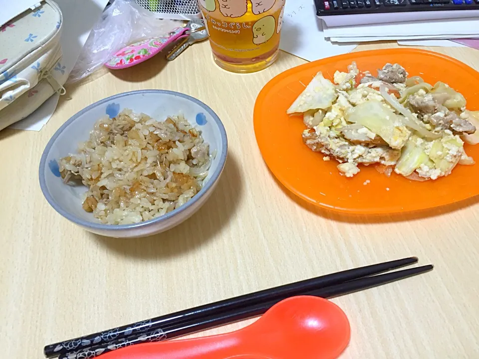 ツナの炊き込みごはんと豆腐チャンプルー|かなぽさん