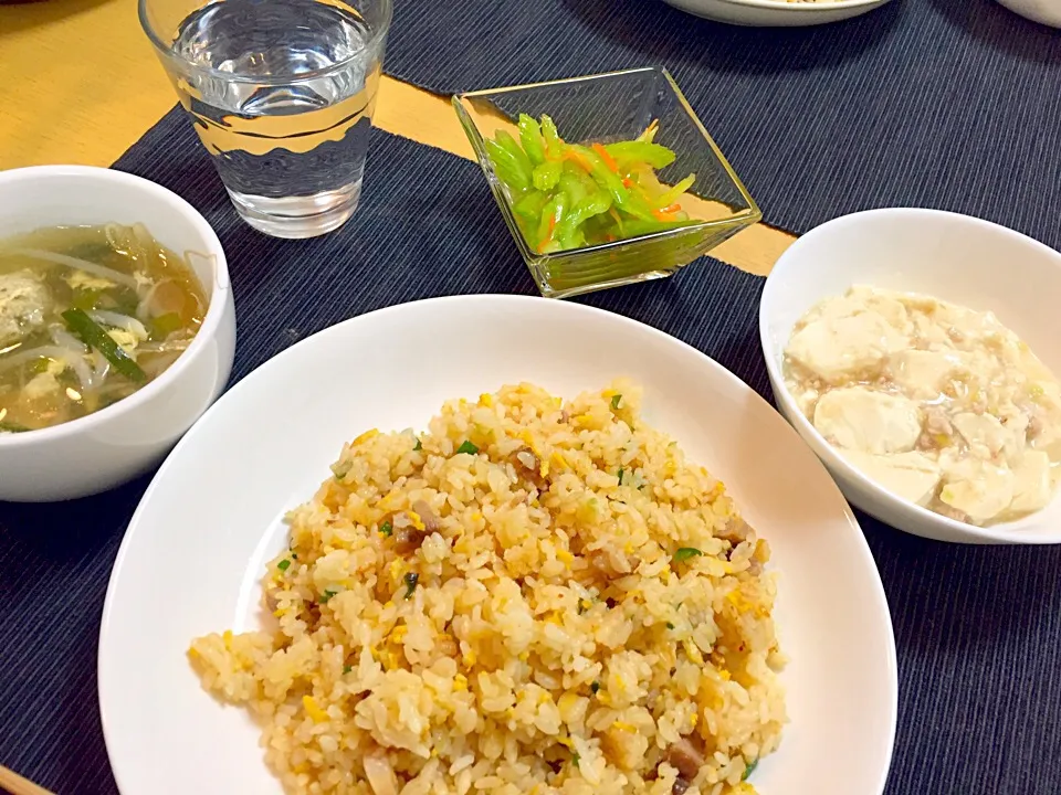 白い麻婆豆腐、焼豚炒飯、モヤシニラ玉スープ|くみさん