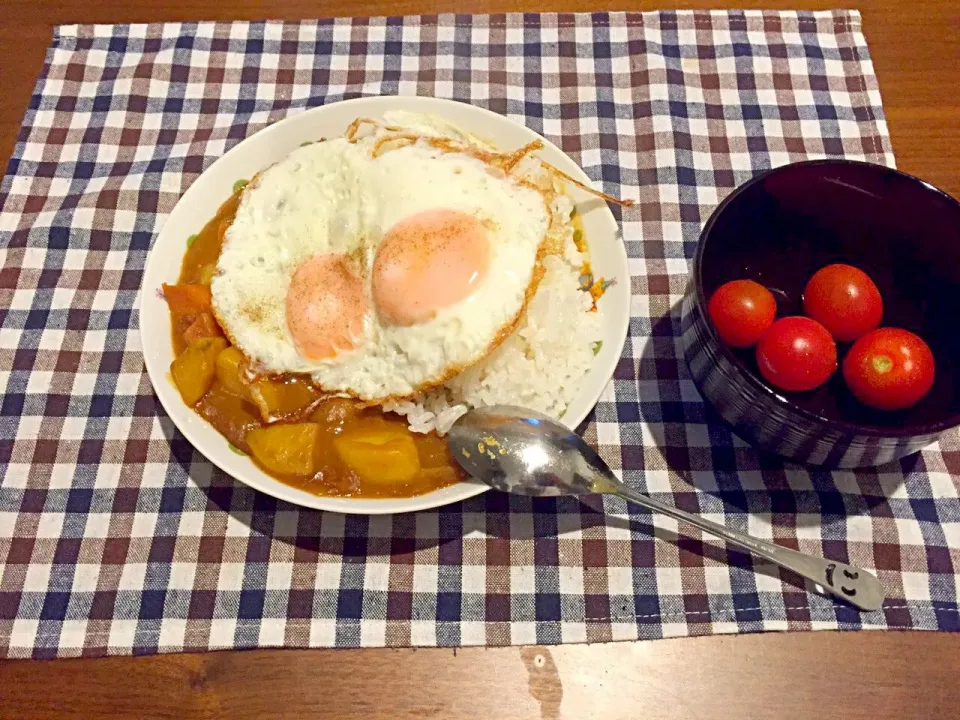 作り置きごはーん♡チキンカレー、トマト(オクノ作、タロウ盛り付け)|未来さん