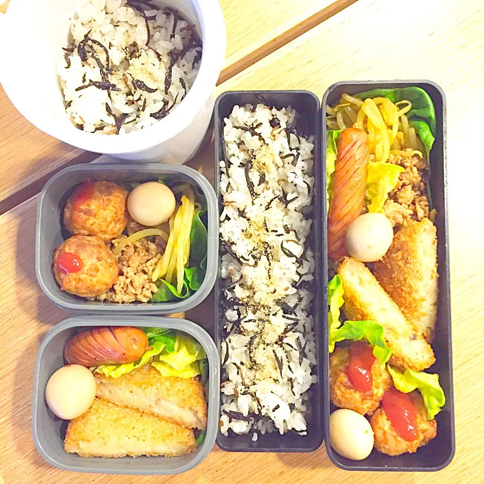 Snapdishの料理写真:お弁当4/14 揚げ肉団子・ジャコひじきご飯・味付けうずら卵・モヤシのカレー炒め|きささん