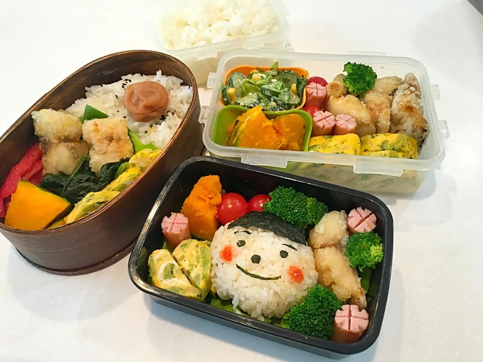 Snapdishの料理写真:家族3人弁当 〜塩サバの竜田揚げ〜|やっこさん