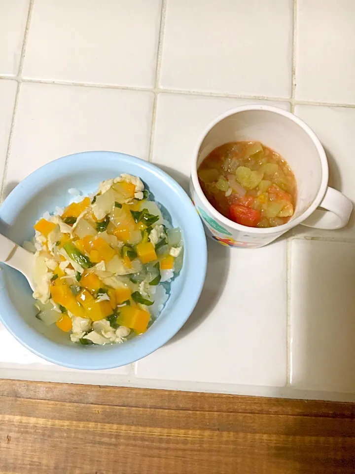 Snapdishの料理写真:離乳食 後期 夜ごはん
＊中華丼
＊ナスのトマトスープ|さとみさん