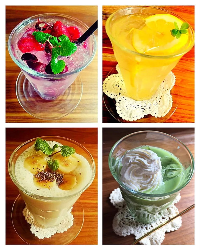 マイブーム💕DORINKちゃん🍹  ＊ベリーベリーソーダ ＊はちみつレモンスカッシュ ＊豆乳バナナスムージーinチアシード ＊抹茶ミルクonホイップ|AKUBI*:ஐ(●˘͈ ᵕ˘͈)さん