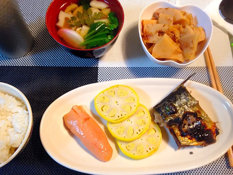 さば、辛子蓮根、筍の土佐煮、お吸い物|りんこさん