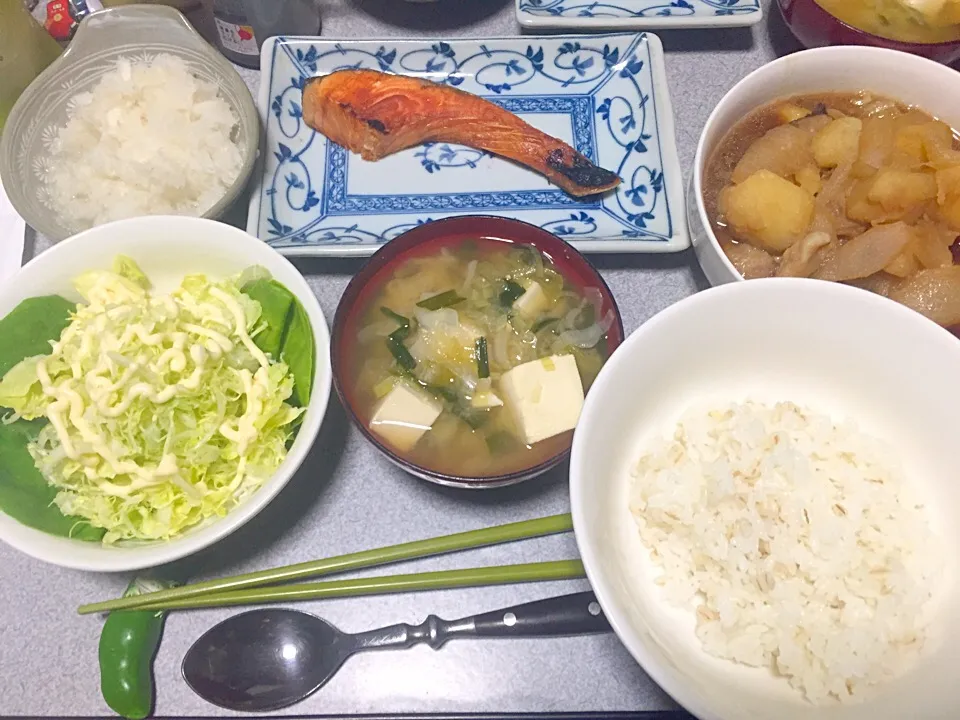 Snapdishの料理写真:魚、大根おろし、麦飯、肉じゃが、サラダ、豆腐ネギ味噌汁|ms903さん