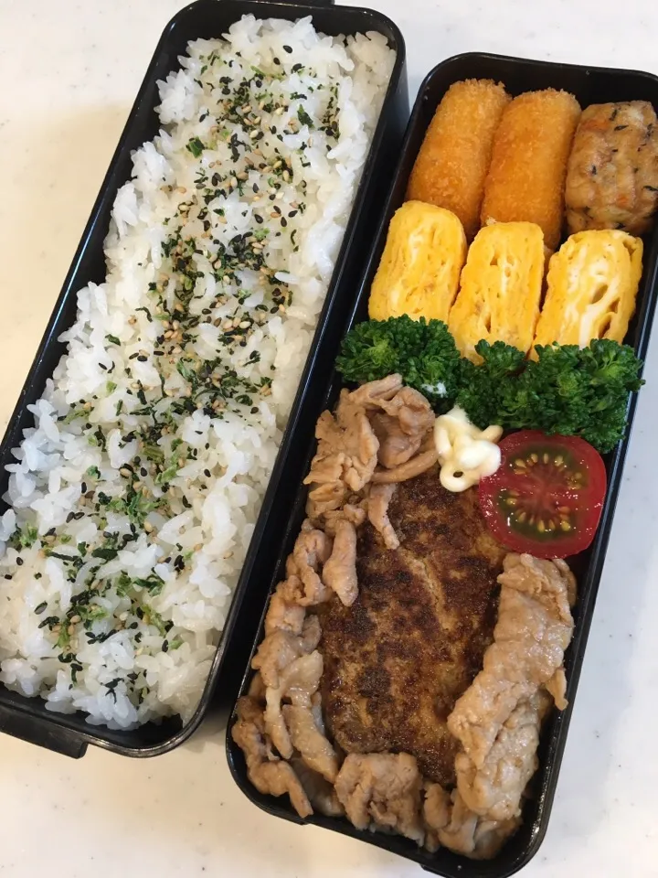 2016.4.16 旦那様へハンバーグを豚肉の生姜焼きで囲むボリューミィ弁当|あっきーよさん