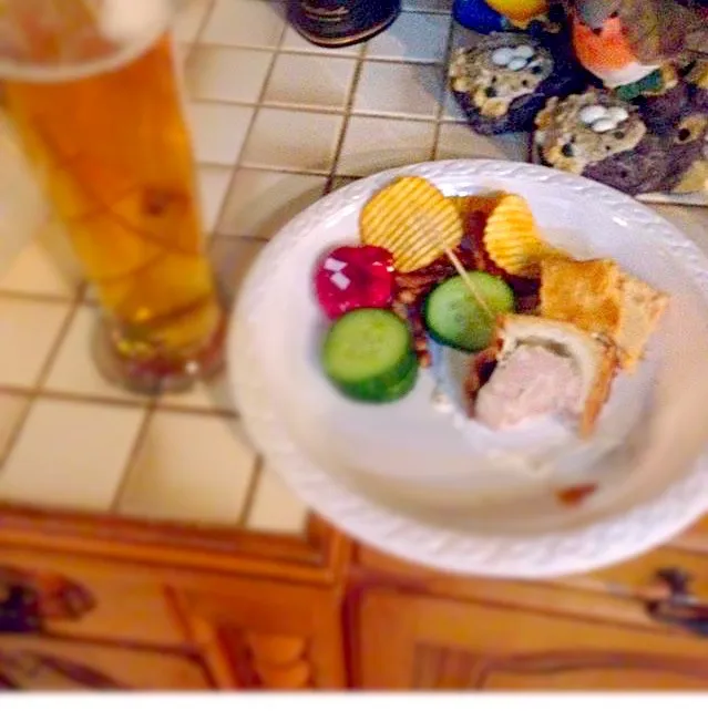 Snapdishの料理写真:Party food. Pork pie , cocktail sausages, crinkle cut crisps.|Karla Collington Ryderさん