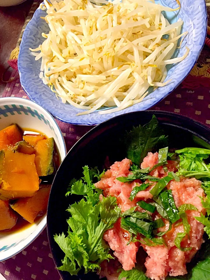 鮪タタキ身丼 南瓜煮 もやし|掛谷節子さん