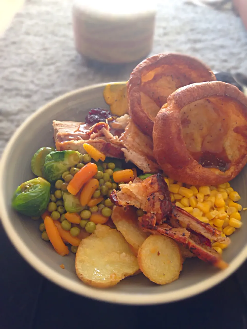 Roast pork, carrots, peas, Brussel sprouts ,potatoes,Yorkshire puddings & rich pork gravy.|Karla Collington Ryderさん