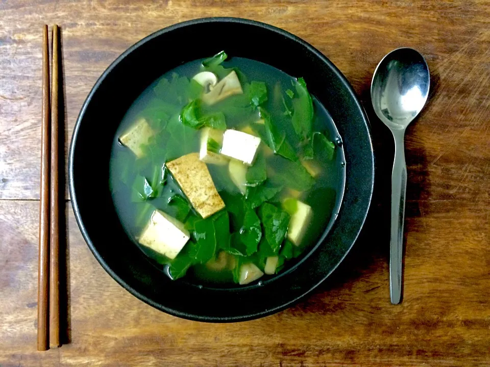 Spinach, mushroom, and tofu soup|aanchalさん