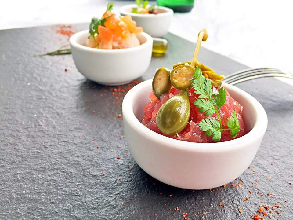 Tuna Tartare with Cucunci (Caper Berries) flavored with Blood Orange olive oil|laura giardinaさん