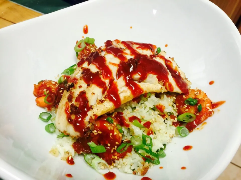 Baked cod w/ miso butter jasmine rice and gochujang shrimp.|Humberto f. gonzalezさん