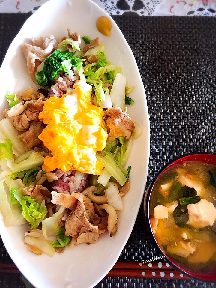 Snapdishの料理写真:豚肉と白菜の塩炒め丼、ふわとろ卵乗せ！|Tina Tomoko😋さん