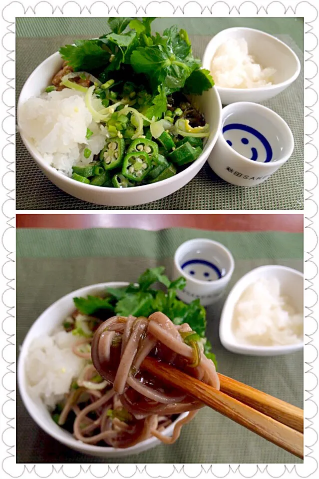 Snapdishの料理写真:Buckwheat of thick wakame leaves,natto,okra🌿ねばx2&薬味蕎麦|🌈Ami🍻さん