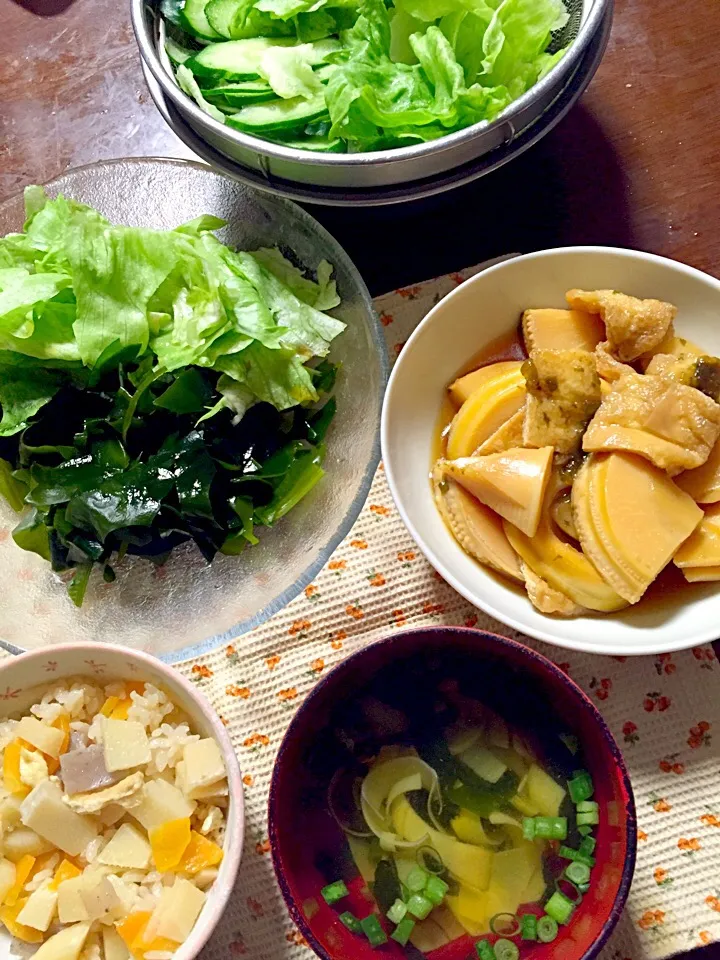 筍ご飯 筍の煮物 お刺身ワカメ 若竹汁 サラダ|掛谷節子さん