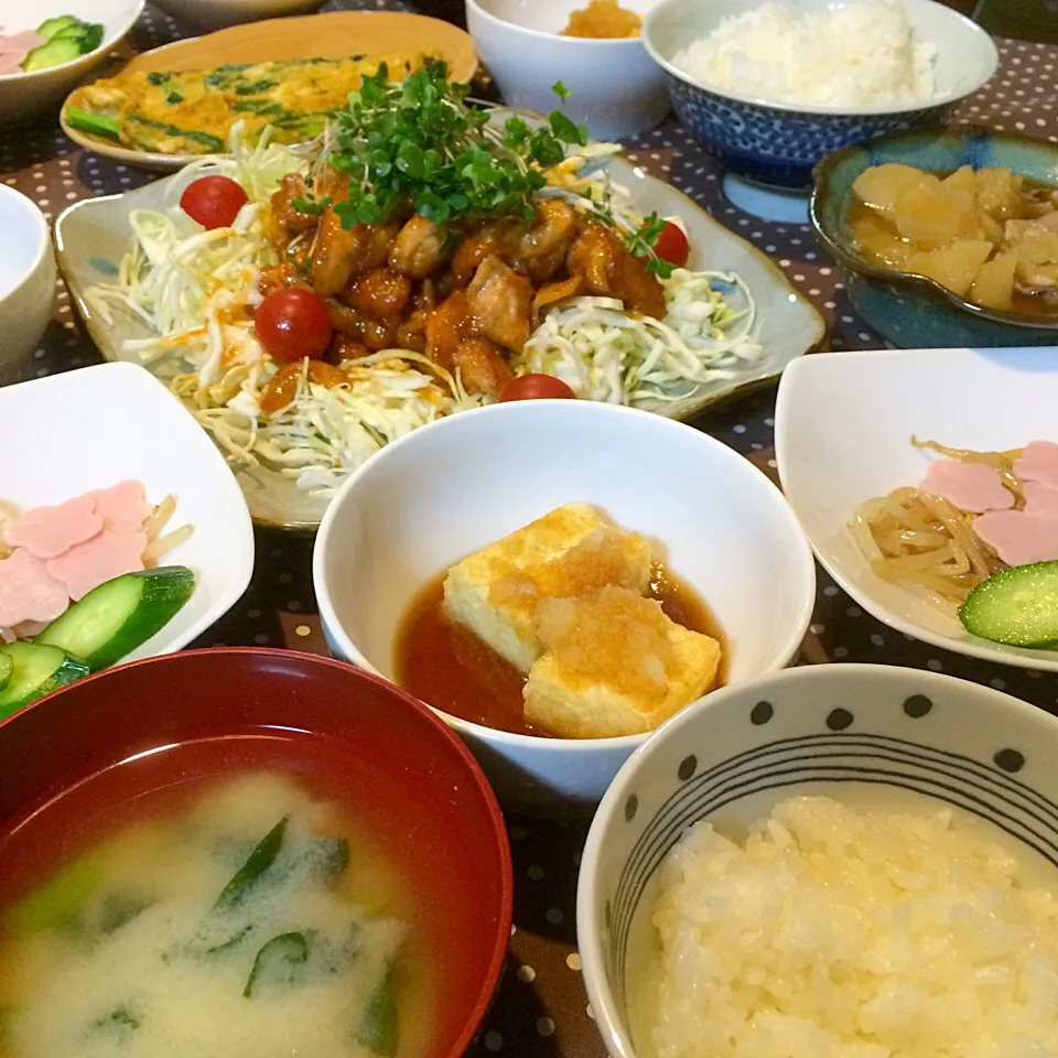 ヤンニョムチキン、揚げだし豆腐の夕食|39biscuitさん