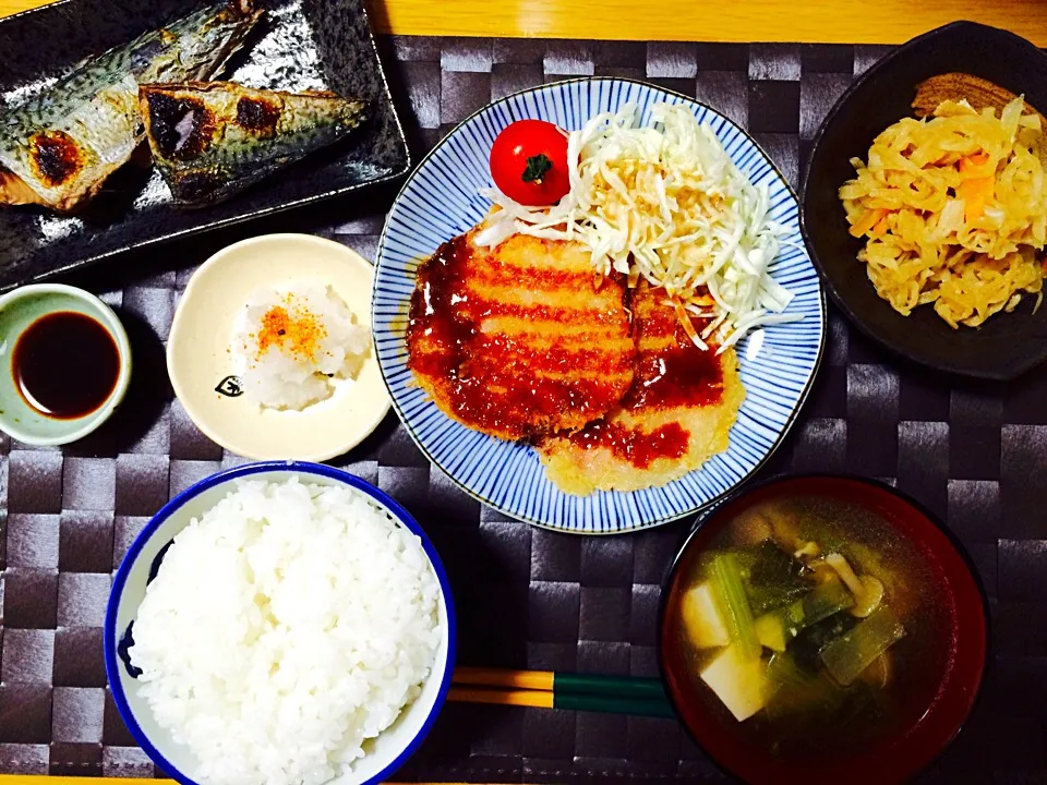 さばの塩焼き、ハムカツ、切り干し大根、味噌汁|いちごさん