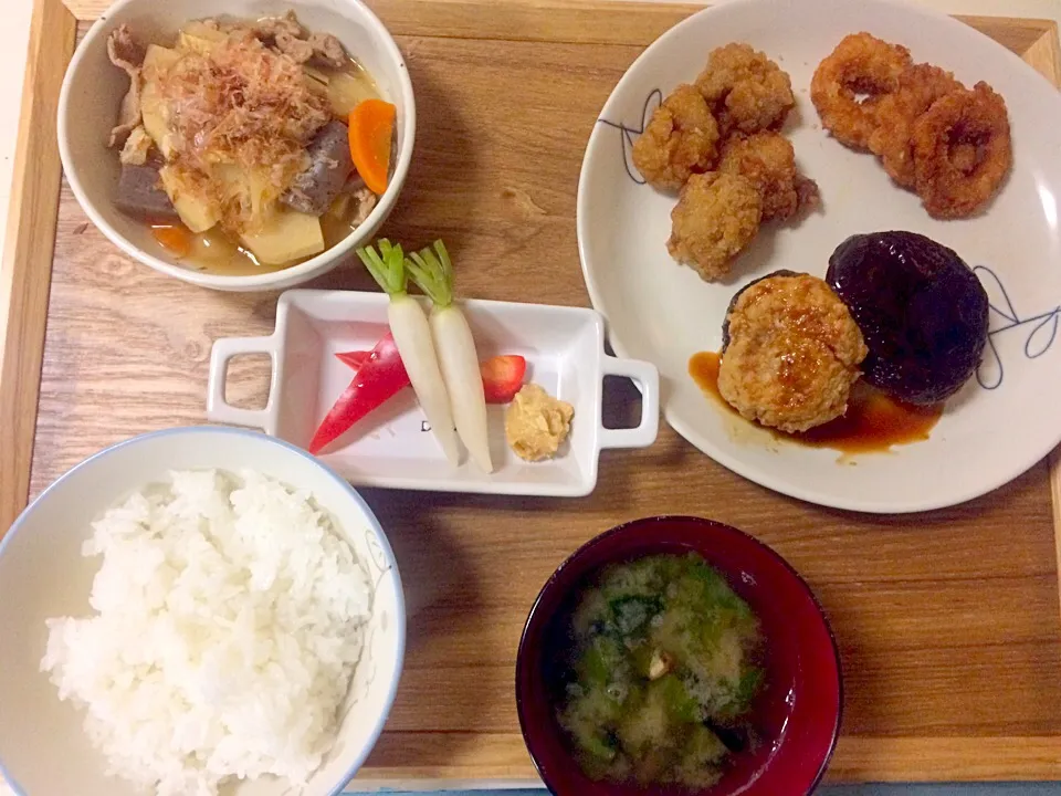 たけのこ煮、野菜スティック、巨大椎茸肉詰め（子供）からあげ、イカリング|ちゃこさん