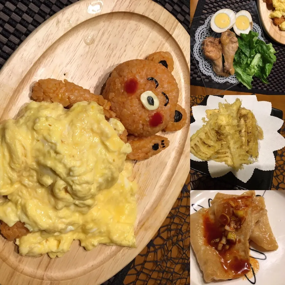 今日の晩御飯
大好きな韓国おでんを作り
後はくまさんオムライス（≧∇≦）
手羽元の甘辛煮
今年初たけのこの天ぷら|Yuka Yasudaさん