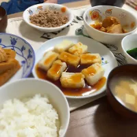 夜ご飯
たけのこ
きゅうり
揚出し豆腐
そぼろ
角煮
豆腐の味噌汁|さきちゃんさん